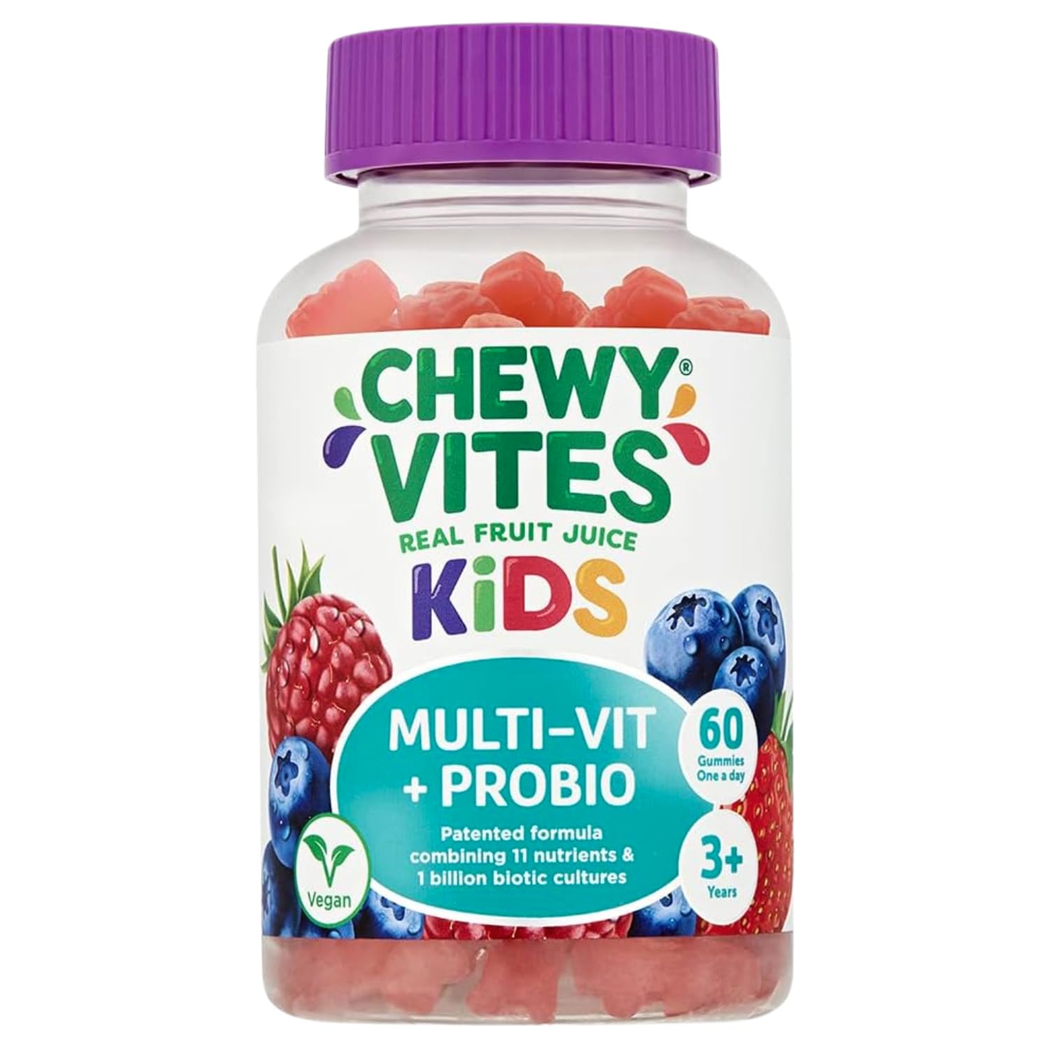 Chewy Vites Kids Multi-Vit + Probio, 60 Kids Vitamins Gummies, 11 Essential Nutrients, Probiotics for Children, 2 Months Supply, Real Fruit Juice, Vegan, Age 3 +, Blueberry and Raspberry Flavour — image 1