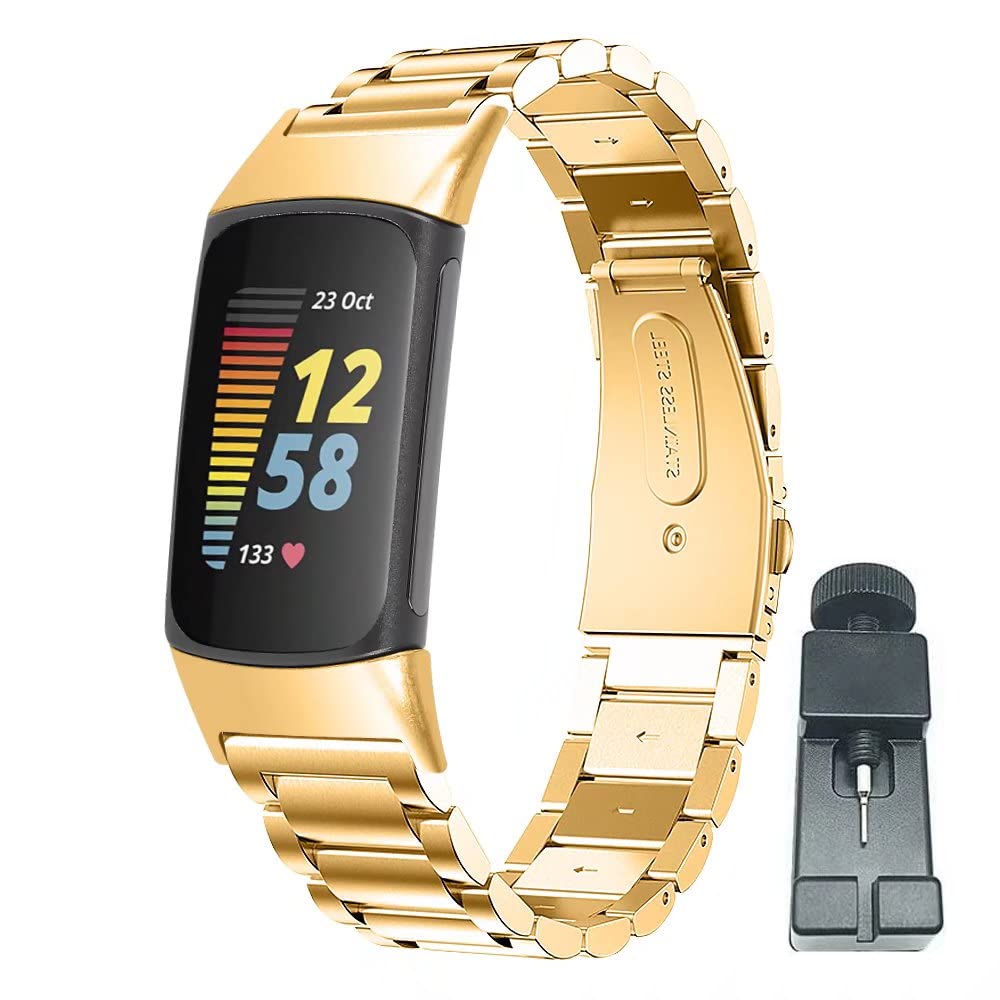 nuosiweilang Metal Replacement Strap Compatible with Fitbit Charge 5 Strap,Adjustable Stainless Steel Watch Band Wirstband for Women Man,Small Large,Gold