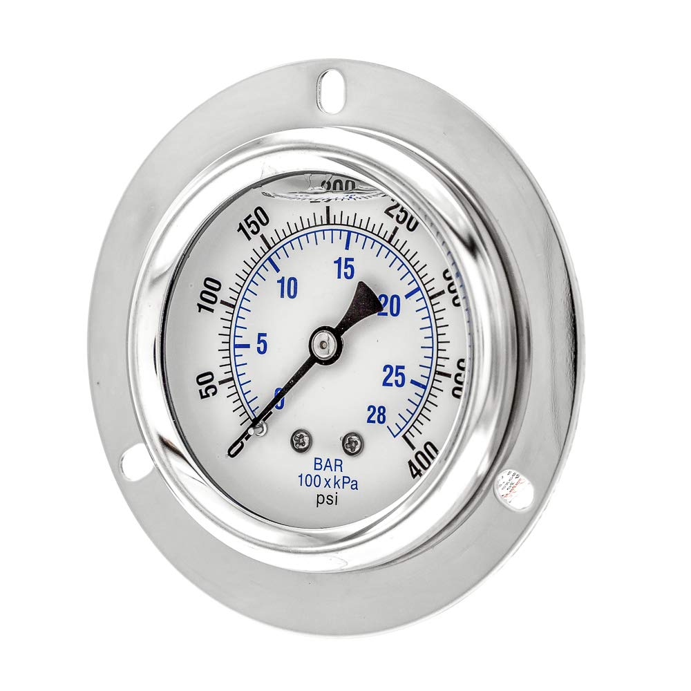 PIC Gauge PRO-204L-254I Glycerin Filled Industrial Front Flanged Panel Mount Pressure Gauge with Stainless Steel Case, Brass Internals, Plastic Lens, 2-1/2" Dial Size, 1/4" Male NPT, 0/400 psi