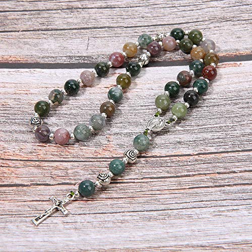 BALIBALI Handmade 8mm Anglican Prayer Beads Rosary Jade Natural Stone Rosary Beads with Pardon Crucifix Cross Custom Rosary (Silver(India Agate))