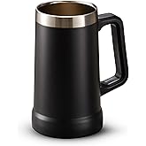 KooK Beer Stein, Stainless Steel Coffee Mug, Tumbler with Thermal Vacuum Insulation, Big Grip, Adventure, Double Walled Drinking Cup, Large Handle, Shatterproof, Black, 24 oz