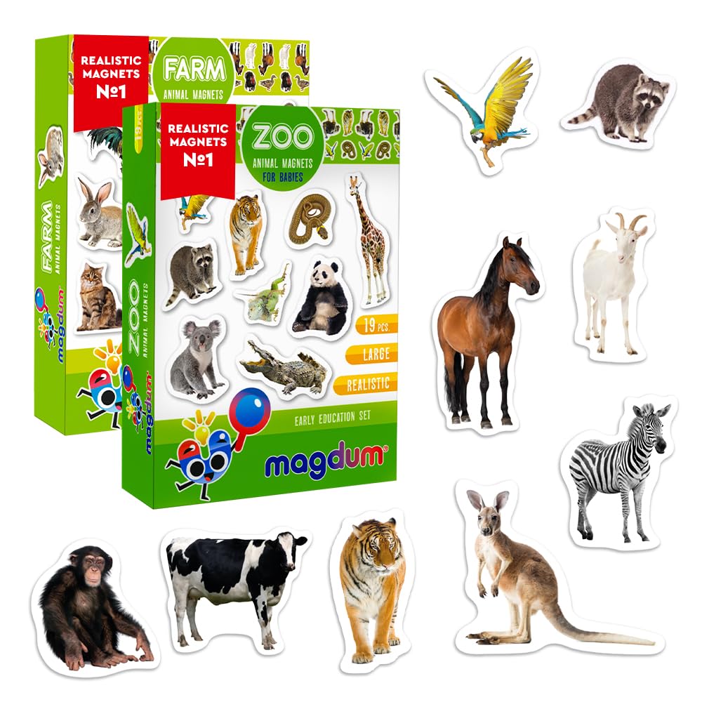 Farm & Zoo Animal Magnets for Kids - Magdum - 35 Large Fridge Magnets - Realistic Farm & Wild Animals Learning Toy for Toddlers - Educational Preschool Set - Strong Durable Safe Magnets - Gift