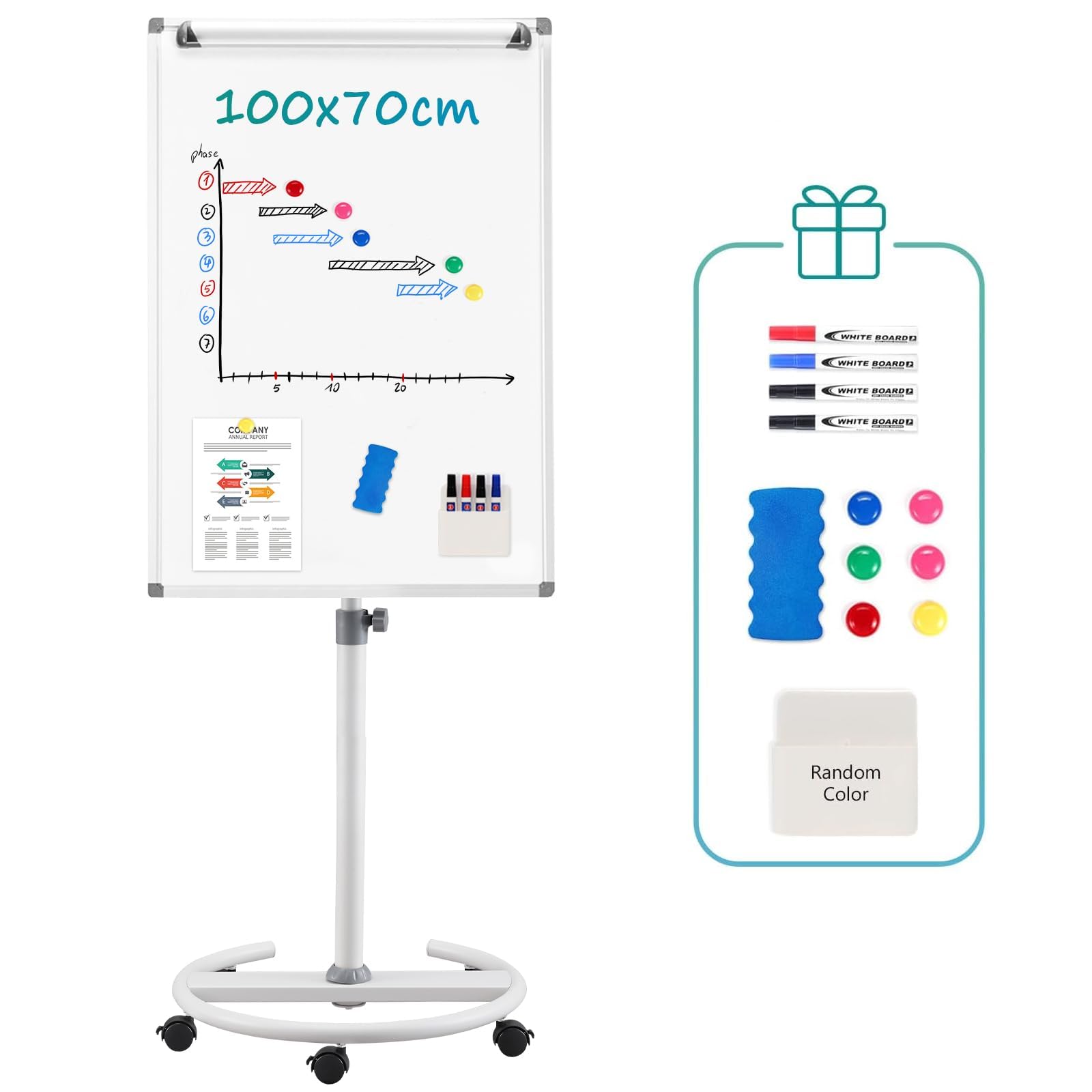 MAKELLO Mobile Whiteboard Easel with Stand 100x70cm, Flipchart Stand on Wheel for Office, School, Home, Adjustable Height, Aluminum Frame