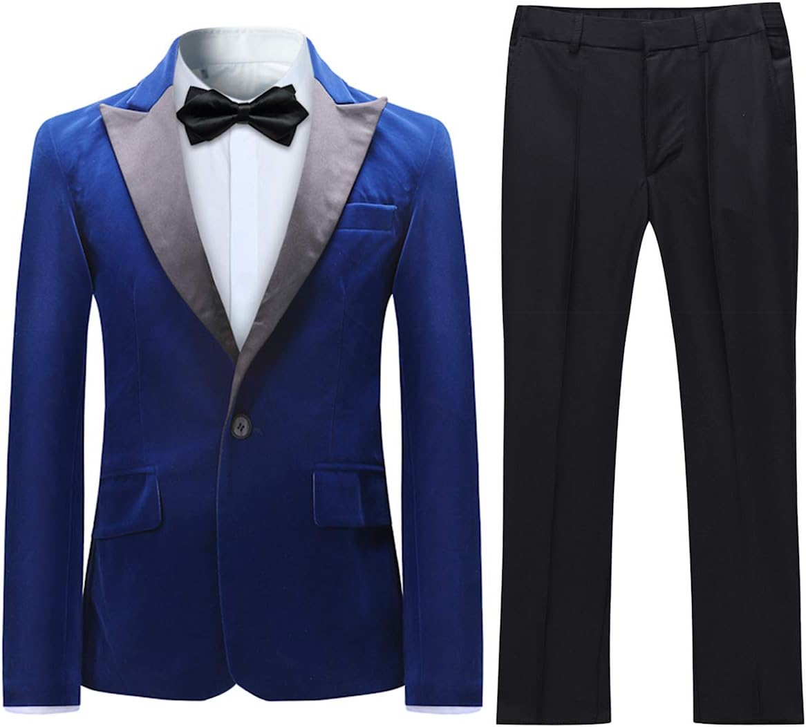Boyland Boys Tuxedo Suit Velvet Peak Lapel Vintage 2 Pieces Slim Fit Jacket Pants Suit Set Prom Party