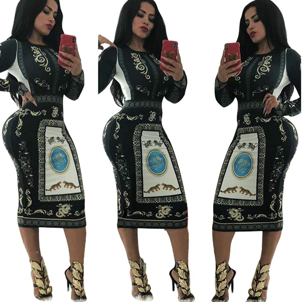 Women\'s Long Sleeve Bodycon Dresses - Unique Floral Pattern Sheath Midi Dresses (Small, Black)