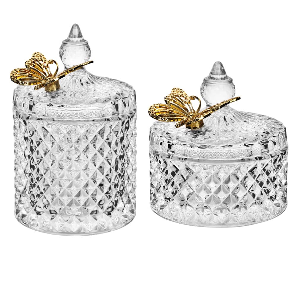 Ezebesta 2 PACK Vintage Bathroom Canisters Gorgeous Butterfly Lids Small Thick Clear Glass Jar Set Qtip Holder Dispenser for Cotton Ball&Pads Storage Organization