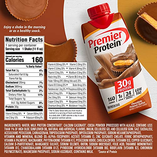 PREMIER PROTEIN SHAKE, CHOCOLATE PEANUT BUTTER, 30G PROTEIN, NO ADDED SUGAR, 24 VITAMINS & MINERALS TO SUPPORT IMMUNE HEALTH, 11 FL OZ, 4 PACK (PACKAGING MAY VARY)