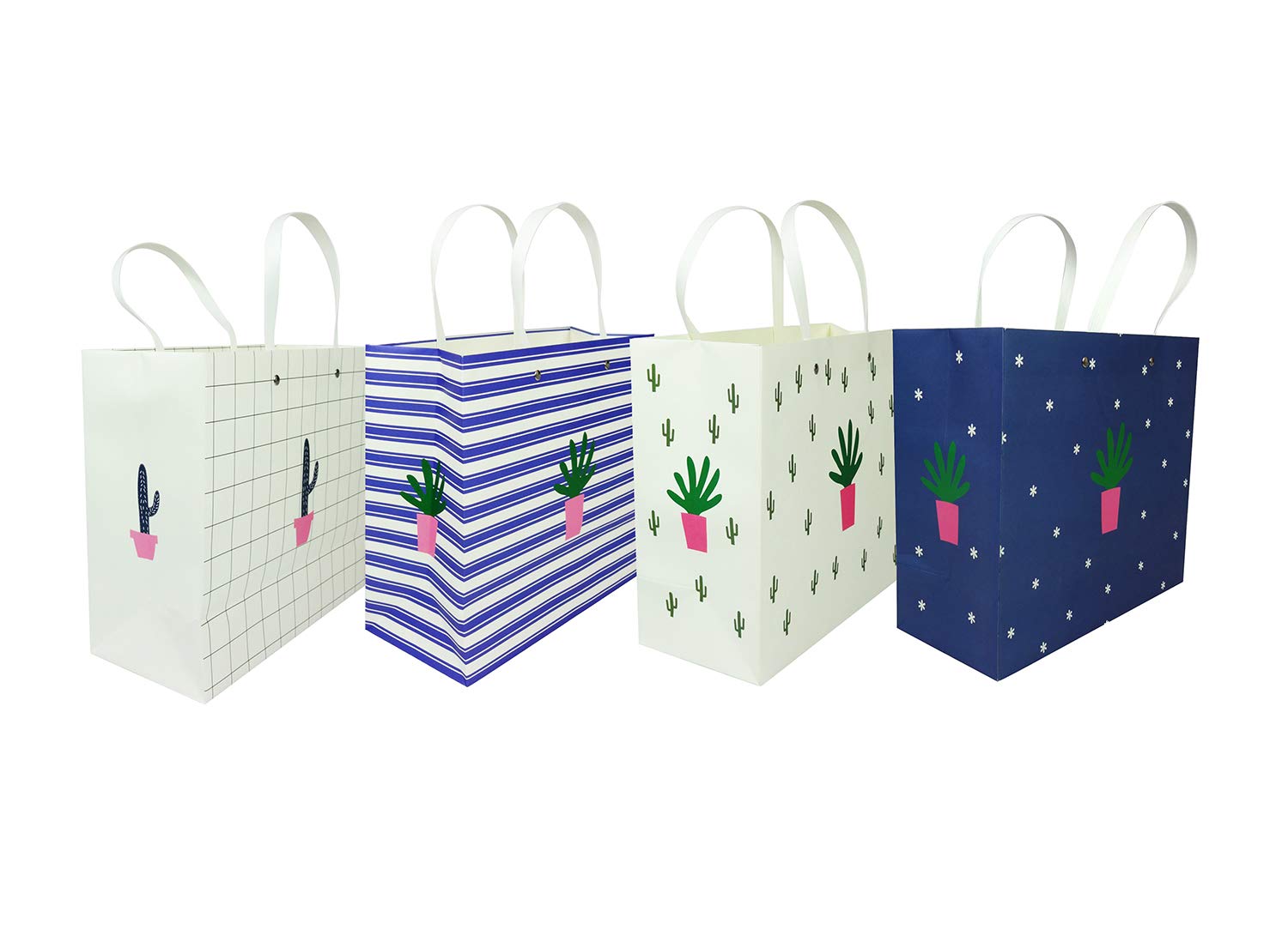 Emartbuy Set of 4 Luxury Gift Bag Strong Laminated Paper Mixed Colours 30.5 x 27 x 13.3 cm - Cactus - Blue and White