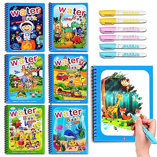 DMG TECH 6 Pack Water Coloring Magic Book, Magic Water Colouring Book with Pen, Toddlers Kids Reusable Painting Universe Coloring Book Boys Girls Educational Learning Toys Gifts