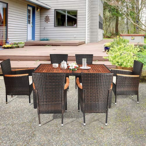 Tangkula 7 PCS Outdoor Patio Dining Set, Garden Dining Set w/Acacia