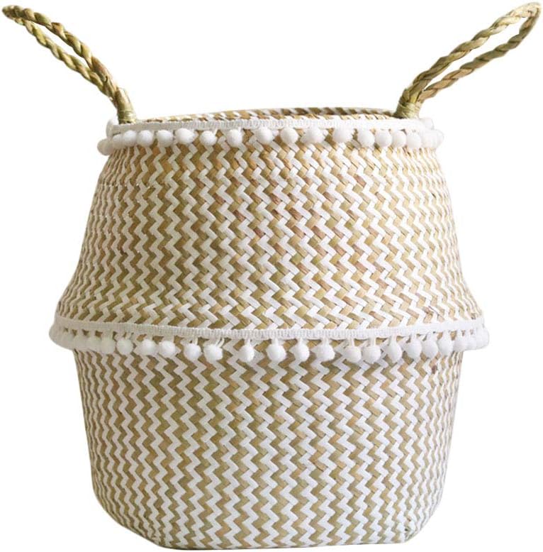 Doublele Folding Natural Seagrass Belly Basket Large Storage Laundry Basket with Handles