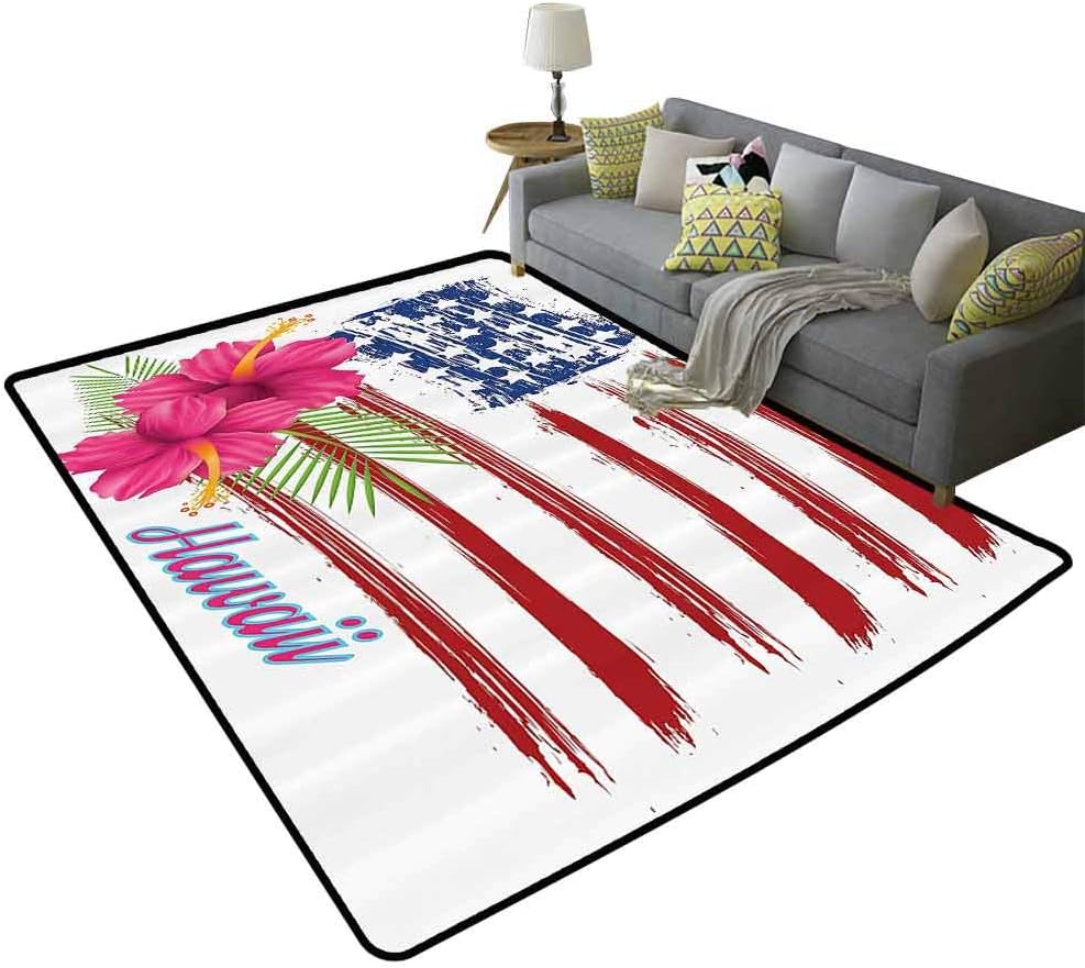 Hawaiian Decorations Collection Durable Rug American Flag Theme Stars and Stripes Hibiscus Leaves Hawaii USA Patriotic Art Feel Comfortable Fuchsia Navy, 6'x 8'(180x240cm)