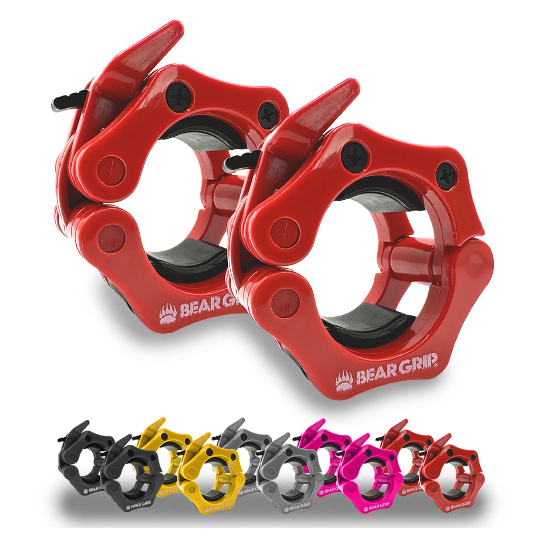 BEAR GRIP - Olympic Barbell Clamps Collars, Pair of Quick Release Professional Olympic Weight Barbell Clips for Weight Lifting, Crossfit, Strength Training Barbells (Red, 2 Inch / 50mm)