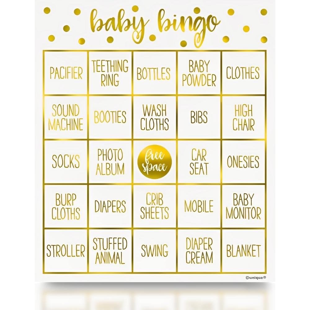 Gold Foil Baby Shower Bingo Kit (16cm x 25cm) - Luxury Stamped Party Game Set - Perfect for Memorable Baby Shower Events - 8 Pcs