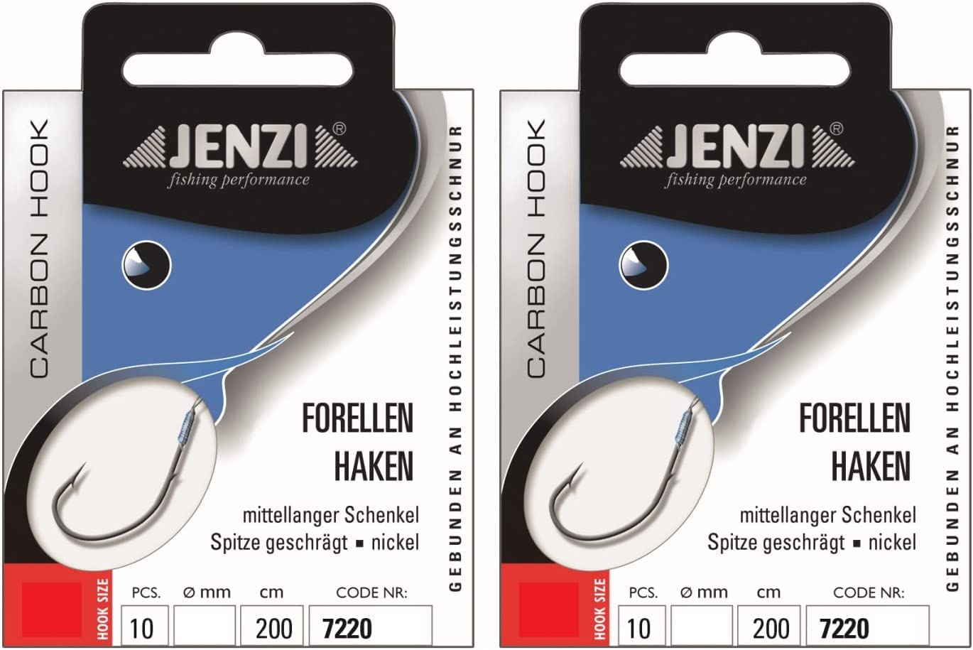 Set: 2 packs of Jenzi tied trout hooks (20 pieces) mono,extra long Sbirolino 200 cm Spirolino hook size, 4, 6, 8, 10, depending on selection + free Petri Heill! sticker (hook size 10)