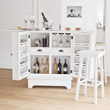 Aprodz Mango Wood Downer Stylish White Bar Cabinet with Wine Glass Storage for Living Room