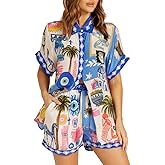 WUMODA Women's Summer 2 Piece Shorts Set Button Down Short Sleeve Shirt Drawstring Shorts Beach Casual Tracksuit Set