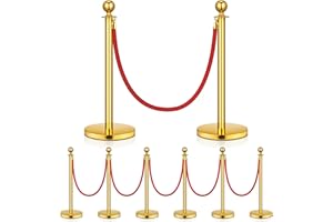 TOIULIK 8 Pack Upgraded Stainless Steel Stanchions and Velvet Ropes 5FT Extended Red Carpet Ropes Poles Crowd Control Safety Barriers Set with Stable Base for Theaters Parties Wedding Exhibition (Gold)