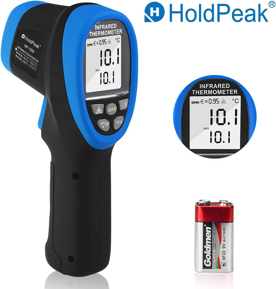 HoldPeak Laser Infrared Thermometer HP-1500 High Temperature Gun -50~1500℃(-58~2732℉),Non-contact IR Thermometer with D:S=30:1,Double Laser,Flash Light,LCD Backlight for Electric Automotive Industrial