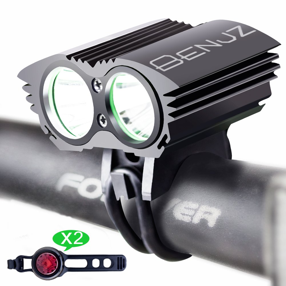 BENJZ Bike Light - USB/DC Rechargeable 2400 Lumens Cree LED Bike Headlight - Free Taillight Included - Tools-Free Installation (Black)