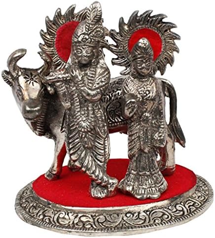 Priglobal PVT LTD | Home decor | Home Decorative Items in Living Room, Bedroom | White Metal Lord Radha Krishna Idol with Cow 125
