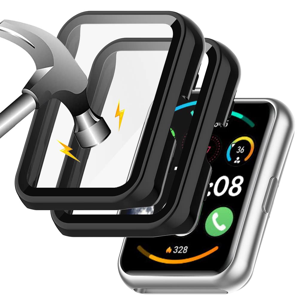 Akancy [2 Pieces Hard Case Compatible with OPPO Watch Free/Huawei Band 6 with Screen Protector, 9H Hardness Hard PC Tempered Glass Thin Case, Black