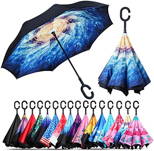 Owen Kyne Windproof Double Layer Folding Inverted Umbrella, Self Stand Upside-Down Rain Protection Car Reverse Umbrellas with C-Shaped Handle