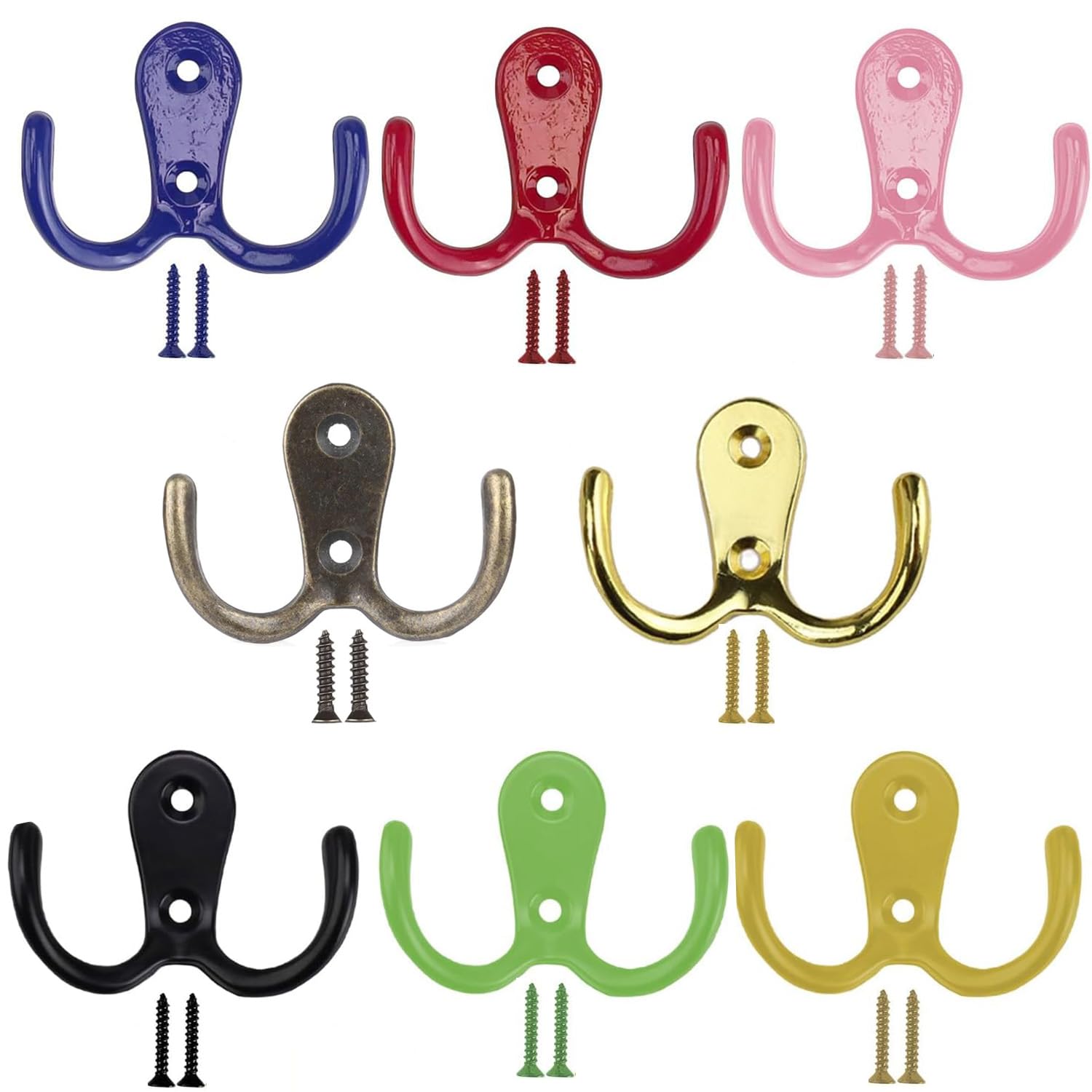 Taiyyi Pack of 8 Colourful Clothes Hooks Vintage Double Wall Hooks Coat Hooks Vintage with Screws Coat Hooks for Bathroom Kitchen Office Door Bedroom Wardrobe