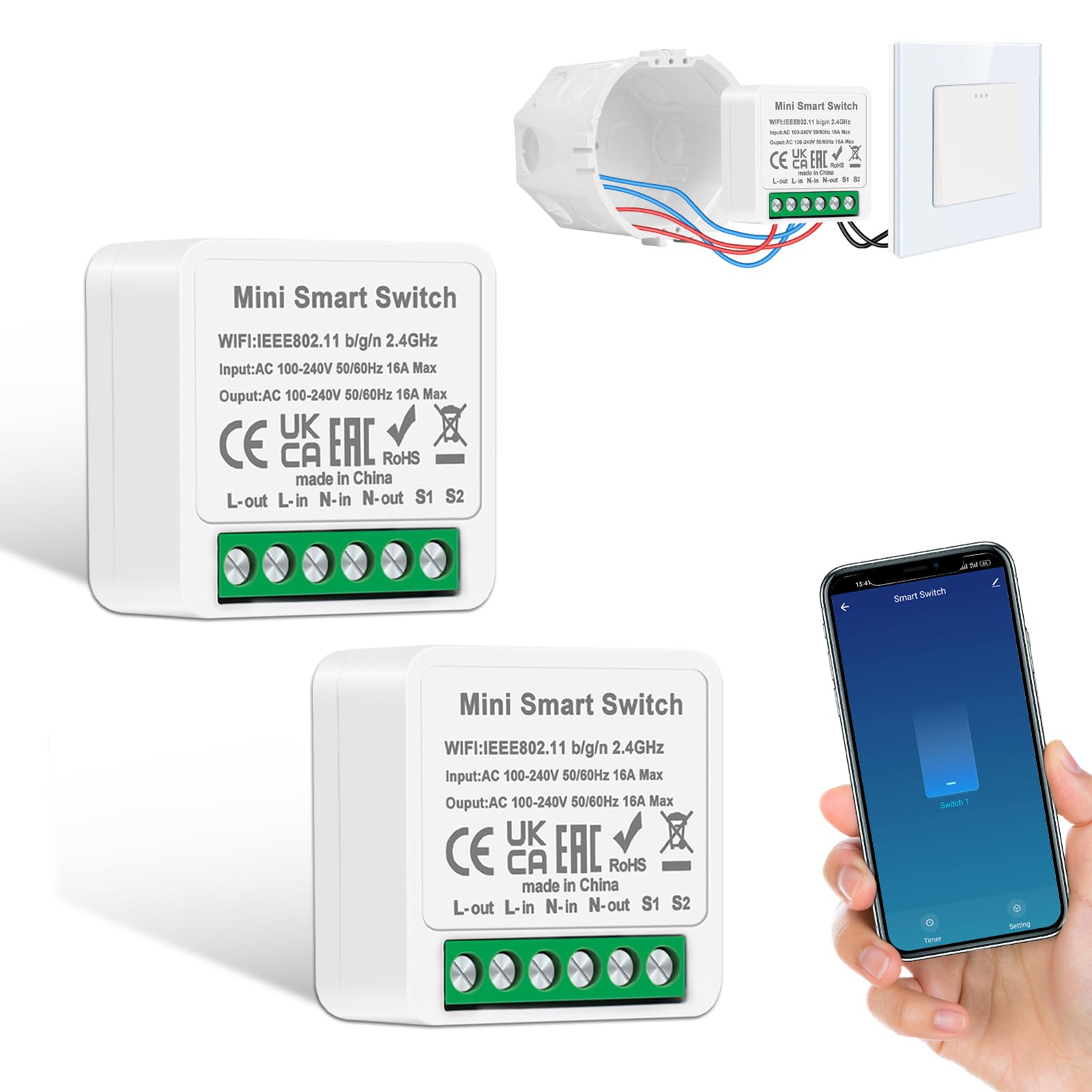 2 Pack CNBINGO WiFi Smart Light Switch, Mini DIY Breaker Module, Compatible with Alexa Echo, Google Assistant, Fits Behind Rocker Wall Switches, Support 1 Way or 2 Way，Need Neutral Wire — image 1