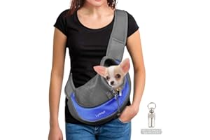 Lynkaye Pet Dog Sling Carrier Small Dog Cat Travel Bag Adjustable Strap Hands Free Pet Puppy Papoose Bag with Stainless Steel Pet Name Identification Barrel Tube Collar ID Tags (Blue(up to 10 lbs))