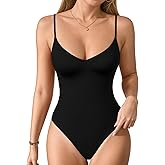MANGOPOP Women's Cami Thong Bodysuit Double Lined Plunge Deep V Neck Backless Body Suit Adjustable Spaghetti Strap Tank Tops