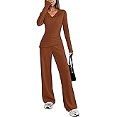 ZESICA Womens 2026 Spring Summer Asymmetrical Lounge Sets Long Sleeve V Neck Top Wide Leg Pants 2 Piece Matching Set Outfit