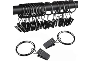 20PCS Curtain Rings with Clips - Curtain Clips Black Drapery Rings with Fasteners 1 inch Interior Diameter Rod Metal Fastener