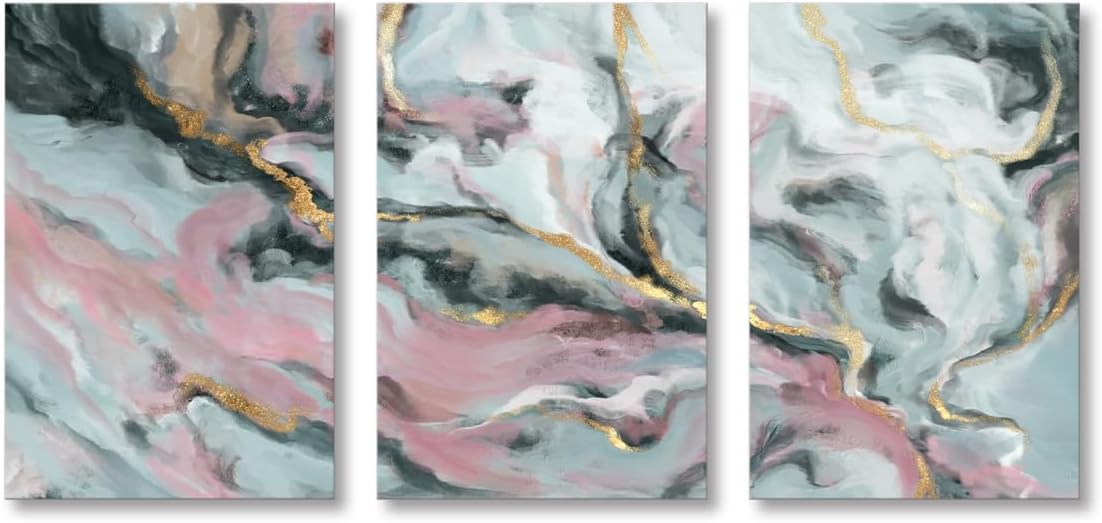 Paintings - Handmade Pink and Blue Abstract Canvas Artwork Gold Foil Wall Art Watercolor Painting Turquoise Modern Textured Marble Picture Decor