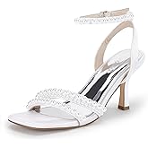 Coutgo Womens Pearl Kitten Heels Sandals Square Open Toe Dress Sandals Ankle Strap Satin Wedding Party Summer Sandals
