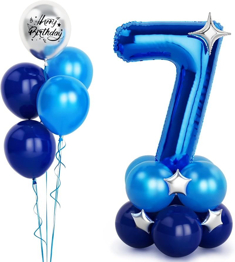 Balloon Dance 40 Inch Blue Number 7 Party Balloons Kit with Stars and Happy