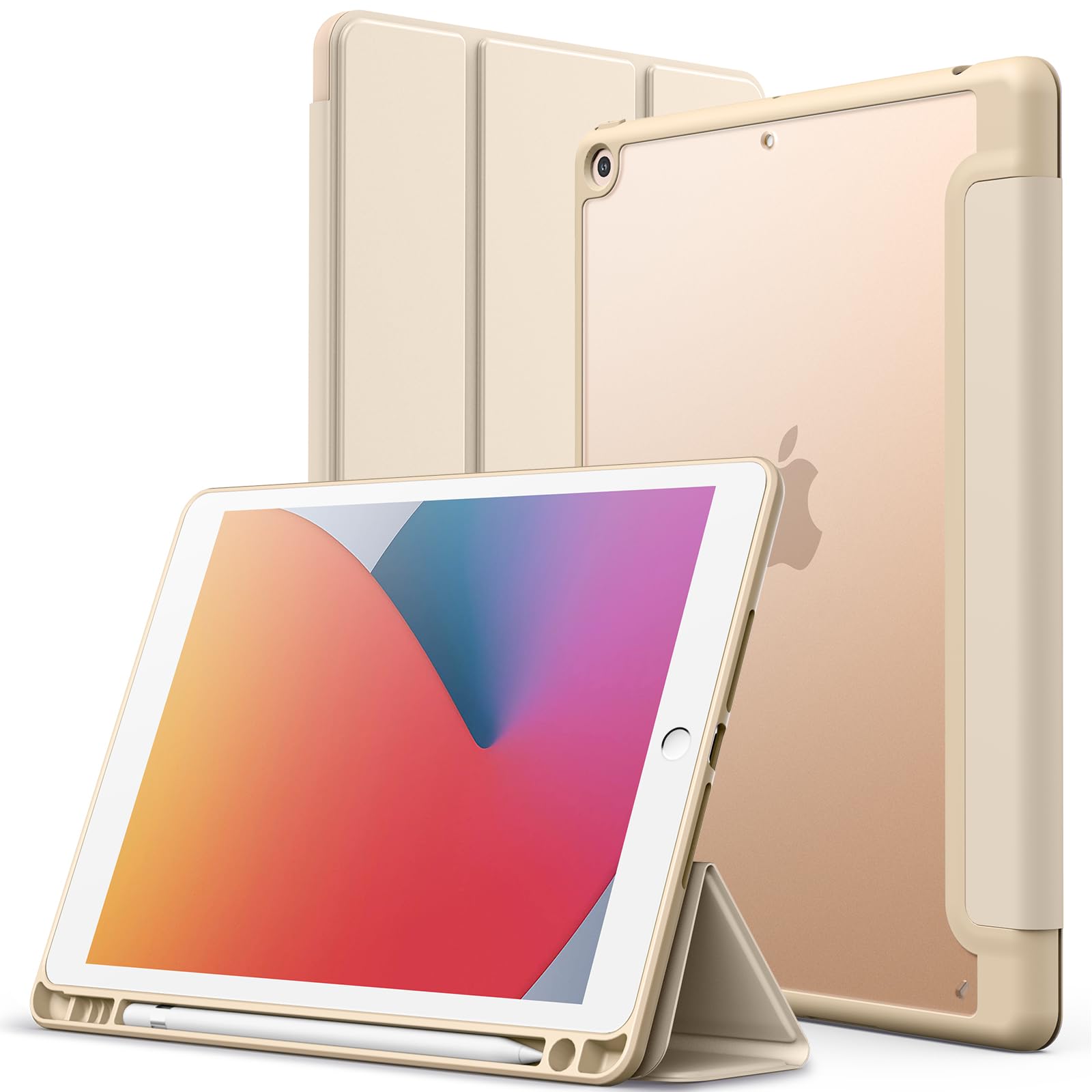 JETech Matte Case for iPad 9/8/7 (10.2-Inch, 2021/2020/2019 Model, 9th/8th/7th Generation) with Pencil Holder, Frosted Translucent Back Slim Stand Protective Tablet Cover (Beige)