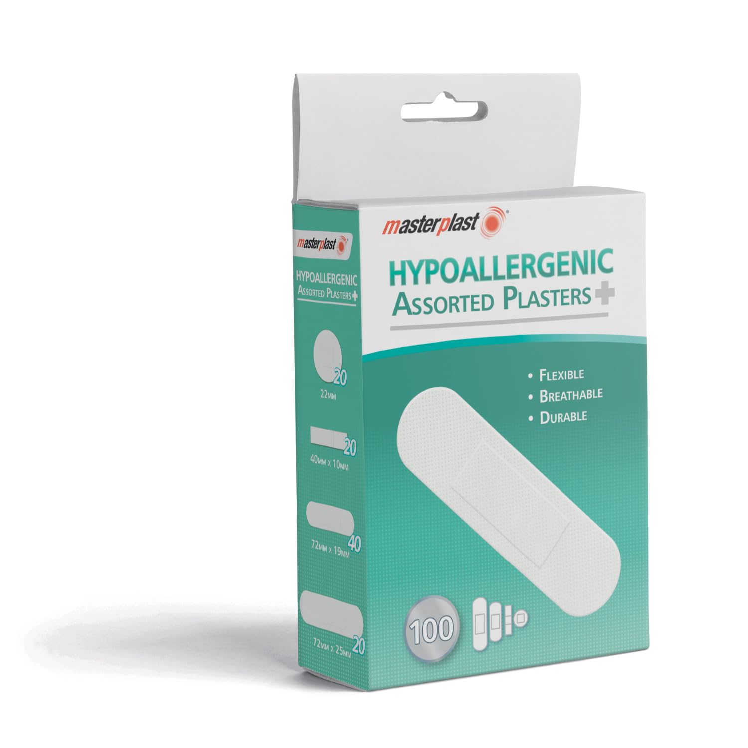 Masterplast Hypoallergenic Assorted Plasters 100 Pack | Flexible Breathable Durable, Individually Wrapped First Aid Dressings, 4 Sizes 22mm, 40mm x 10mm, 72mm x 19mm, 72mm x 25mm