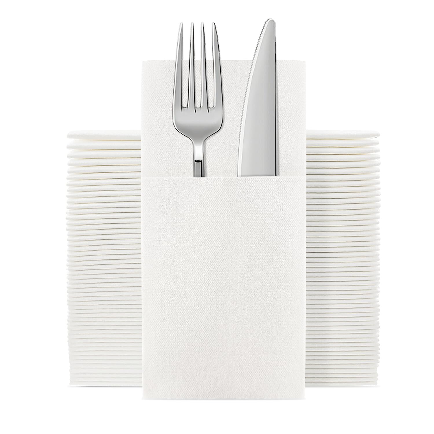 Photo 1 of JEBBLAS 100Pack Disposable Cloth Like Napkins, Built-in Flatware Pocket, Wedding Party Linen Feel White Napkin, Prefolded for Silverware