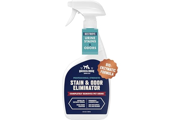 Rocco & Roxie Supply Co. Stain & Strong Odor Eliminator, Enzyme Cleaner, Pet Odor Eliminator for Home - Carpet Stain Remover for Cats & Dog Pee - Urine Destroyer - Carpet Cleaner Spray Clear, 32 Fl Oz