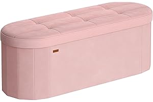 SONGMICS Folding Ottoman with Storage, Oval Storage Ottoman Bench, for Living Room, Velvet Fabric, 38 x 110 x 38 cm, Jelly Pi