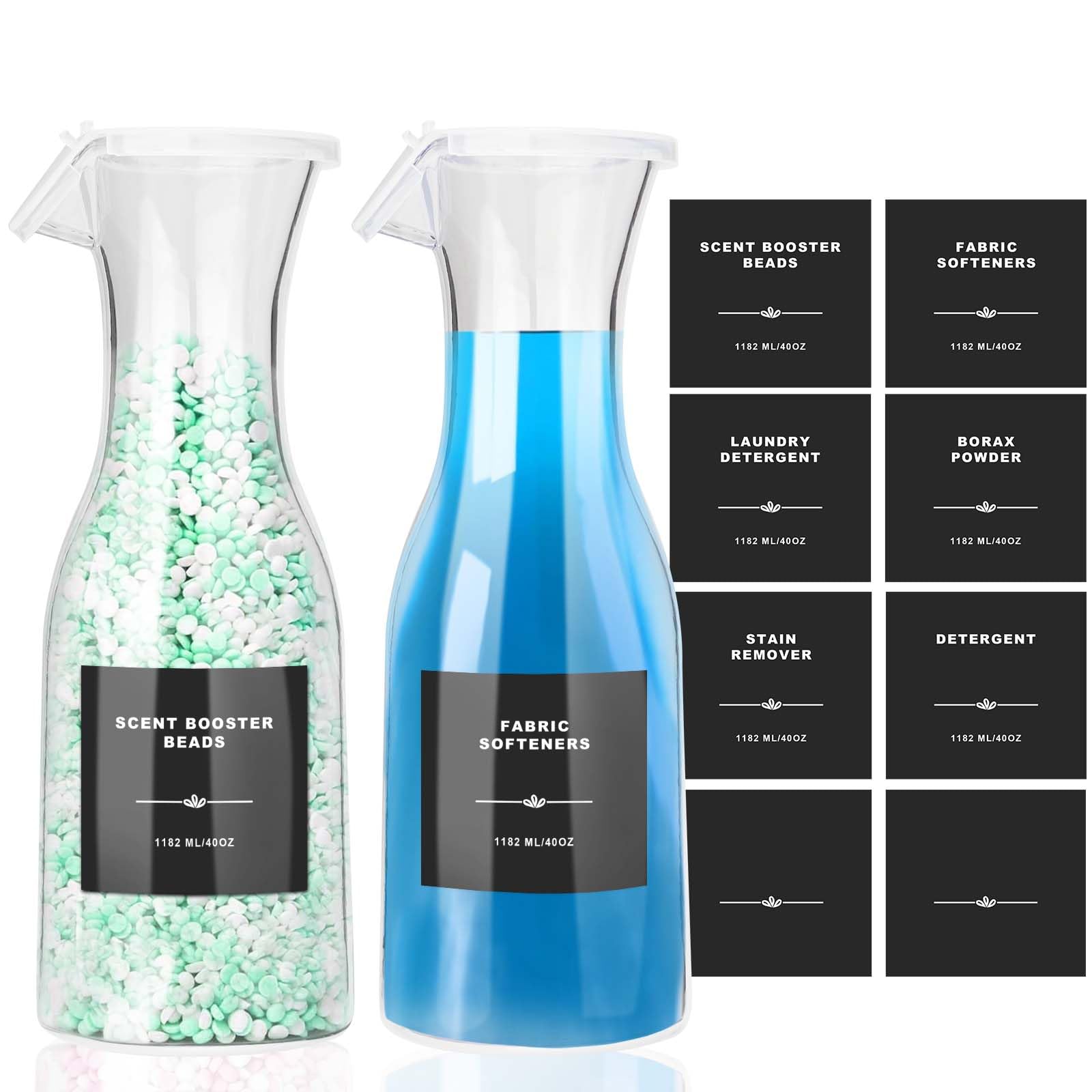 sunal Liquid Laundry Detergent Dispenser, 1182ml Fabric Softener Storage Bottle,Scent Booster Beads Container with 8 Waterproof Label for Laundry Room Organization/Decor 2 Pack