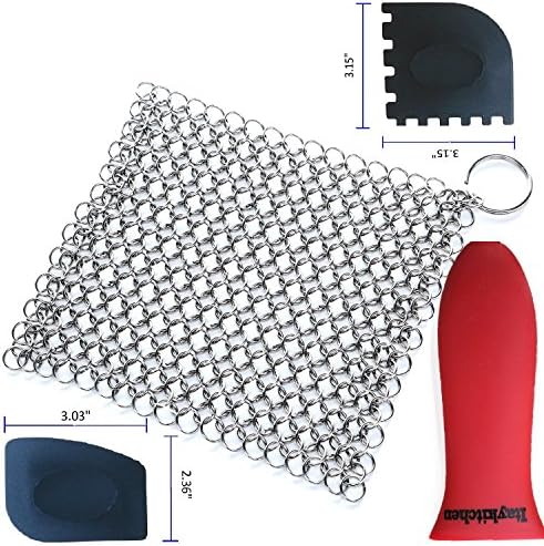 Cast Iron Cleaner Scrubber XL 8x6 Inch 316L Stainless Steel Cleaning Set For Cook Pan Scraper Grill With Two Durable Polycarbonate Scrapers + Silicone Red Chainmail Pan Handle Holder By ItayKitchen