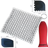 Cast Iron Cleaner Stainless Steel Scrubber XL 8x6 Inch 316L Cleaning Set For Cook Pan Scraper Grill With Two Durable Polycarbonate Scrapers + Silicone Red Chainmail Pan Handle Holder By ItayKitchen