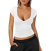 NEJXQ Womens Deep V Neck T Shirts for Women Ribbed Knit Slim Short Cap Sleeve Tee Casual Backless Workout Going Out Tops