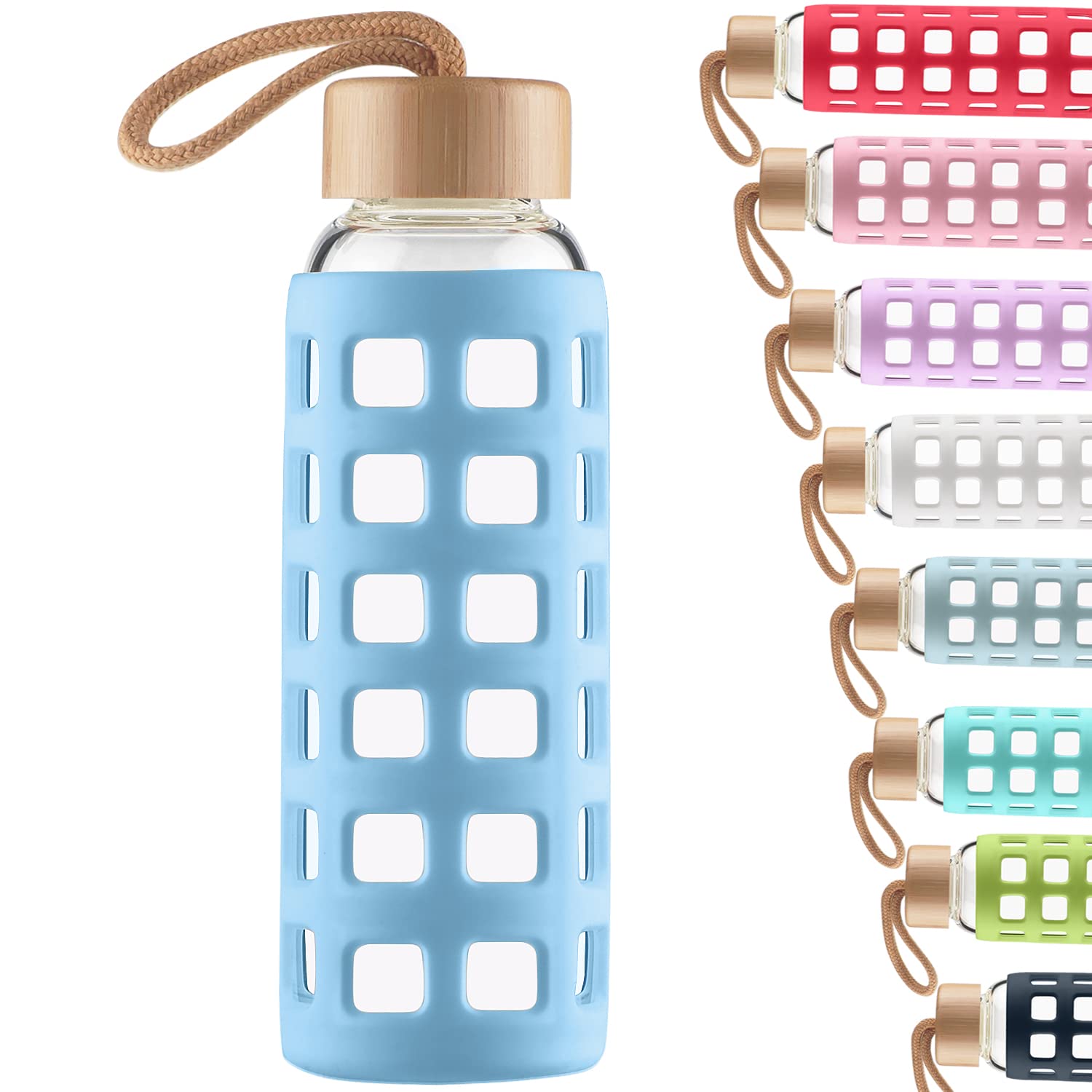 Cleesmil Sports Glass Water Bottle with Silicone Sleeve with Bamboo Lid BPA Free 360 ml (Blue) — image 1
