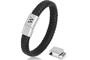 Aospkle Initial Letter Leather Bracelet for Men, Black Alphabet Leather Bracelet with Clasp, Jewelry Gifts for Dad Husband Brother Boyfriend Son Grandpa