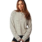 Almere Oversized Cotton Henley Longsleeve Tee, Striped Button Down, Boyfriend Fit
