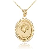 Fine 10k Yellow Gold Filigree-Style Oval Frame Pisces Zodiac Sign Pendant Necklace