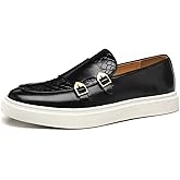 Men Double Monk Strap Dress Sneakers,Casual Fashion Formal Business Patent Leather Slip On Loafers Dress Shoes Penny Loafers